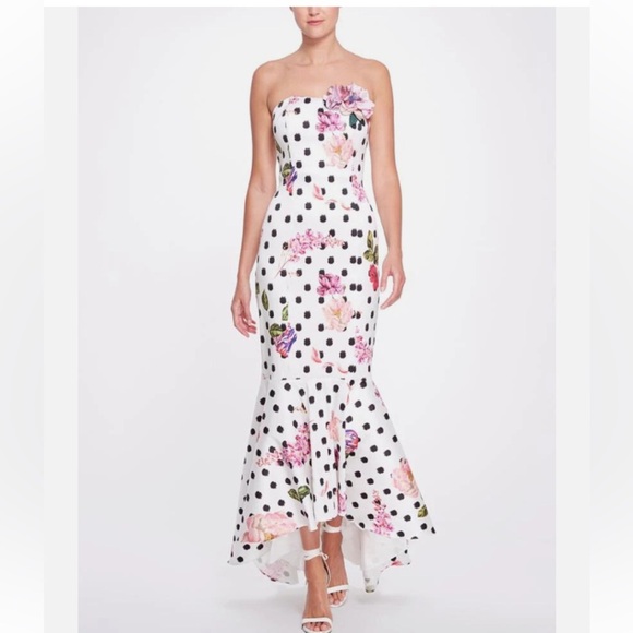 Marchesa Notte Strapless Black Polka Dot Gown Pink Floral - Picture 3 of 16
